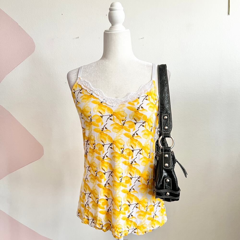 Yellow Floral Lace Trim Tank Top, Cottagecore Boho Y2K Festival Small